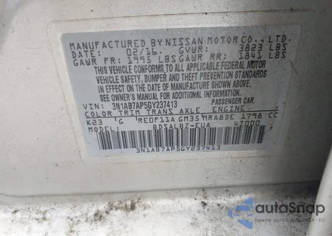 2016 Nissan Sentra S z USA, uszkodzony, nr VIN 3N1AB7AP5GY237413